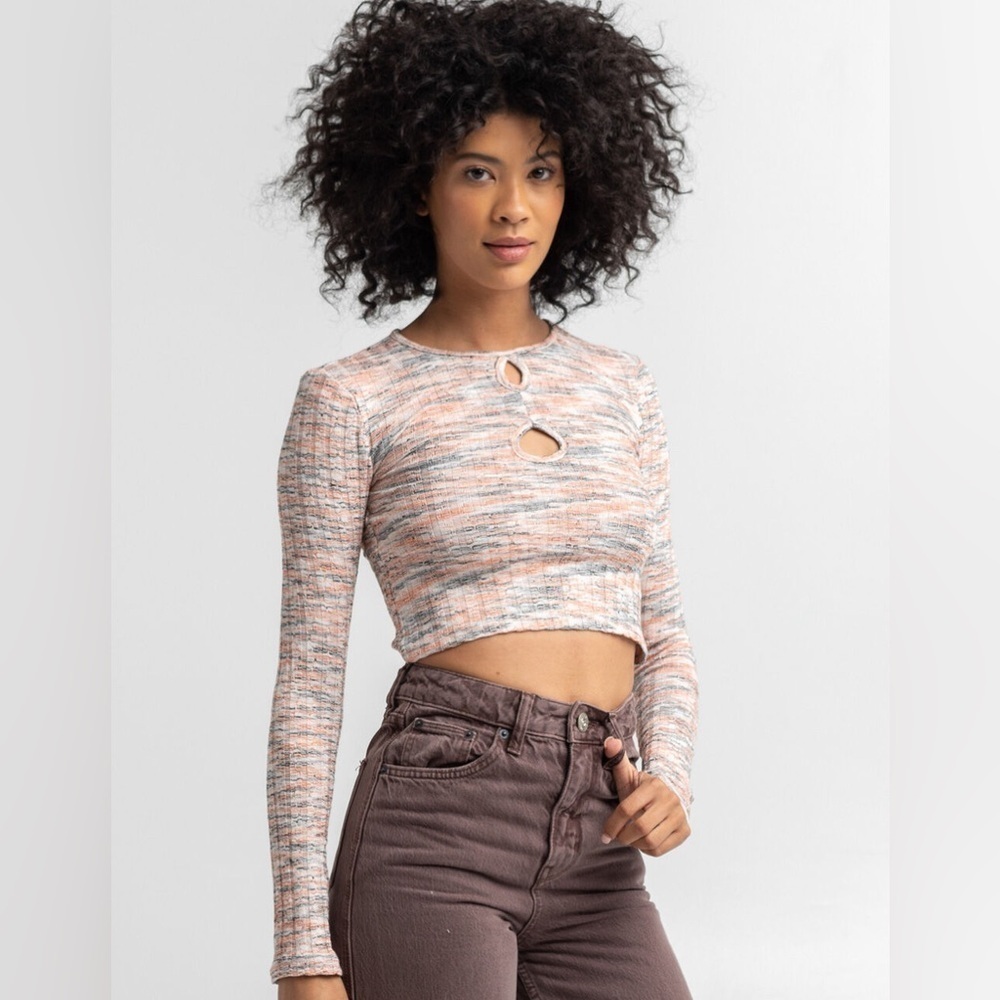 Urban Outfitters BDG Space Dye Cutout Cropped Knit Long Sleeve Top Pink M